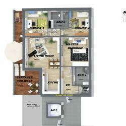 Terrassen Wohnung barr.frei - 1. Etage - 3D Floor Plan beschriftet +Größen in m2